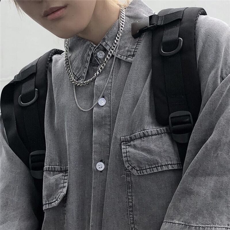 送料無料】KOREA ダークダブルチェーンネックレス アクセサリー メンズ