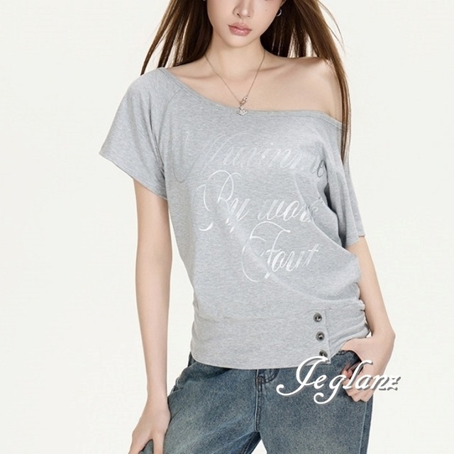 2色 プリント 英字 ロゴ  Tシャツ オフショル ユニセックス （MC688）β