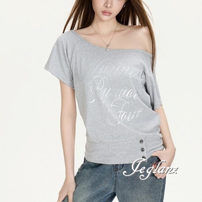 2色 英字 プリント ロゴ 半袖 Tシャツ オフショル ユニセックス (MC688)ρ