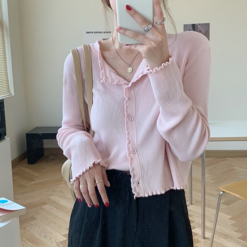 トップス レディース カーディガン フリル 4色 ボレロ 長袖 フロント ボタン レース 透け感 タイト スリム かわいい 大人可愛い カジュアル ナチュラル こなれ感 抜け感 おしゃれ お洒落 綺麗 ラブリー ガーリー キュート 薄手 楽ちん 無地 パープル イエロー ブラック ピンク OL 通勤 学生 デート お出かけ 女子会 休日 イベント 送料無料 公園 フリーサイズ 春 夏 秋 10代 20代 30代 40代 韓国 韓国系 オルチャン 着回し 普段使い モテ 定番 ファッション