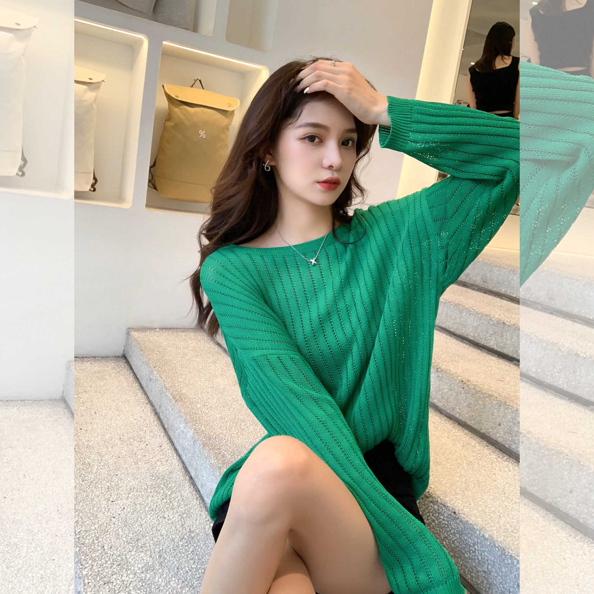 ニットブラウス サマー薄手シャツ トップス ジャケット ロング 夏物 6Du_Shop_Women17502493487