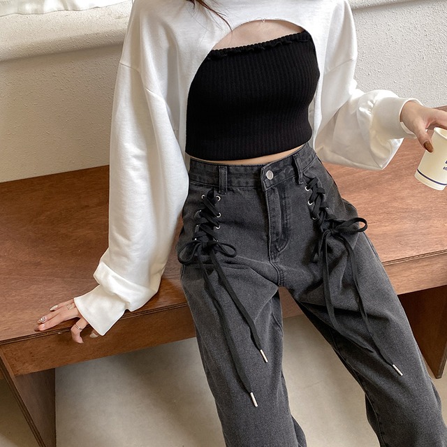 ブラックジーンズ ルーズ薄手パンツ ウィンター 冬物 萌量不足71383994686
