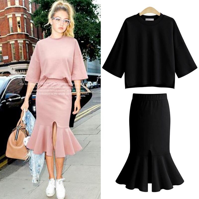 無地 五分袖 トップス マーメイドライン スカート セットアップ