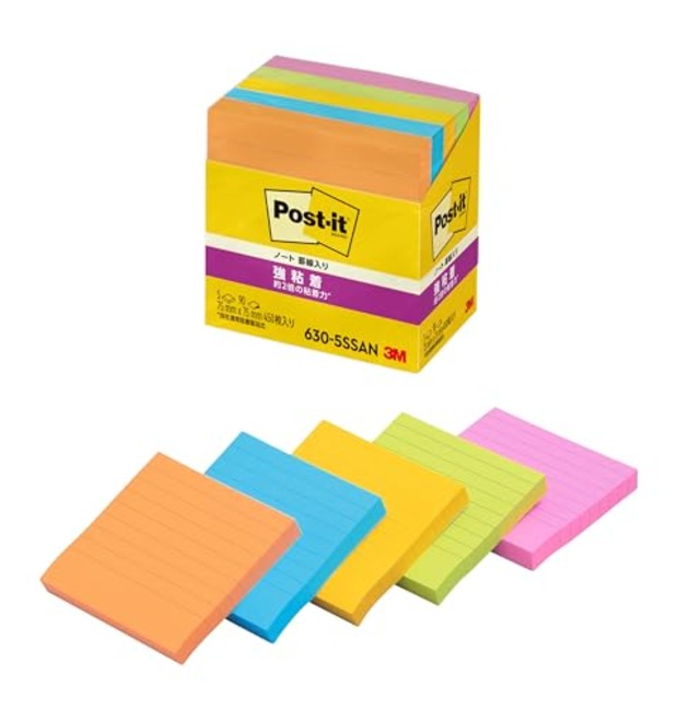 ポストイット 付箋 強粘着 罫線 ノート ネオンカラー 75×75mm 90枚×5冊 630-5SSAN
