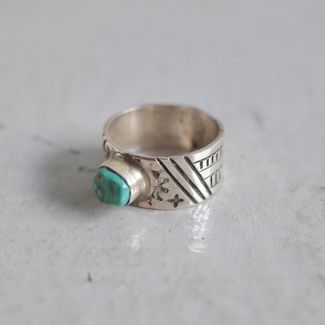 『SILVER925 × NAVAJO TURQUOISE』 Handmade Stamped Design Ring GENUINE SILVER