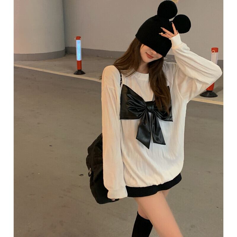 カラーリボンブラウス オータムルーズプルオーバー セーター 秋物 ガールズファッション29575965748