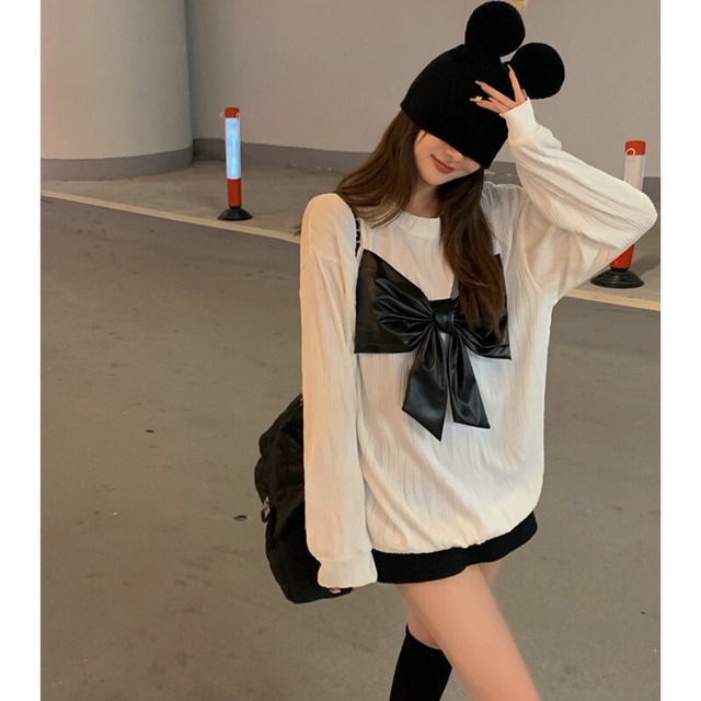 カラーリボンブラウス オータムルーズプルオーバー セーター 秋物 ガールズファッション29575965748