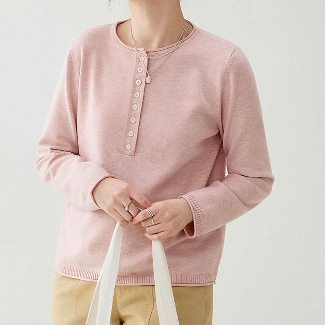 ハーフオープン ニットセーター ピンク L1077