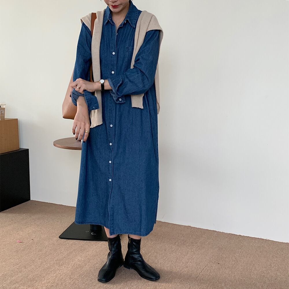 ワンピース 秋新作 デニムワンピース シャツワンピ 韓国風 レディース服 ロング丈 着回し
