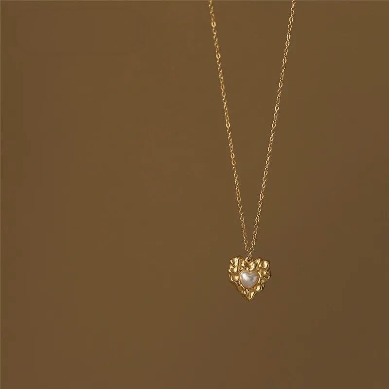 金アレ対応 18k パール埋込みハートチャームネックレス(0513)