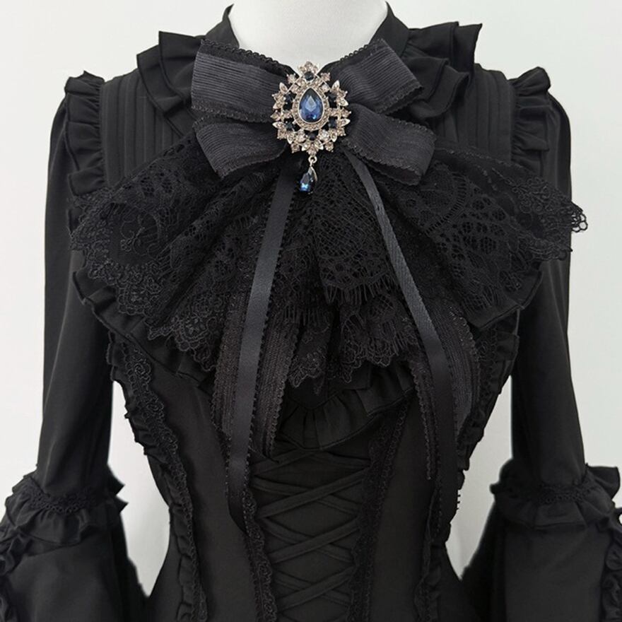 ロリータファッション ゴスロリ 姫袖シャツ 黒シャツ ネックリボン付き