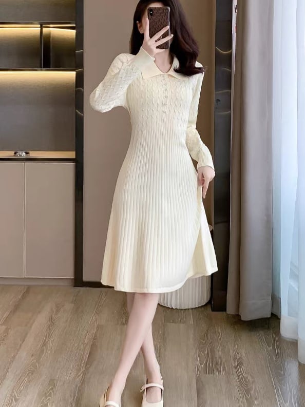 Collared long-sleeved knit onepiece L0760