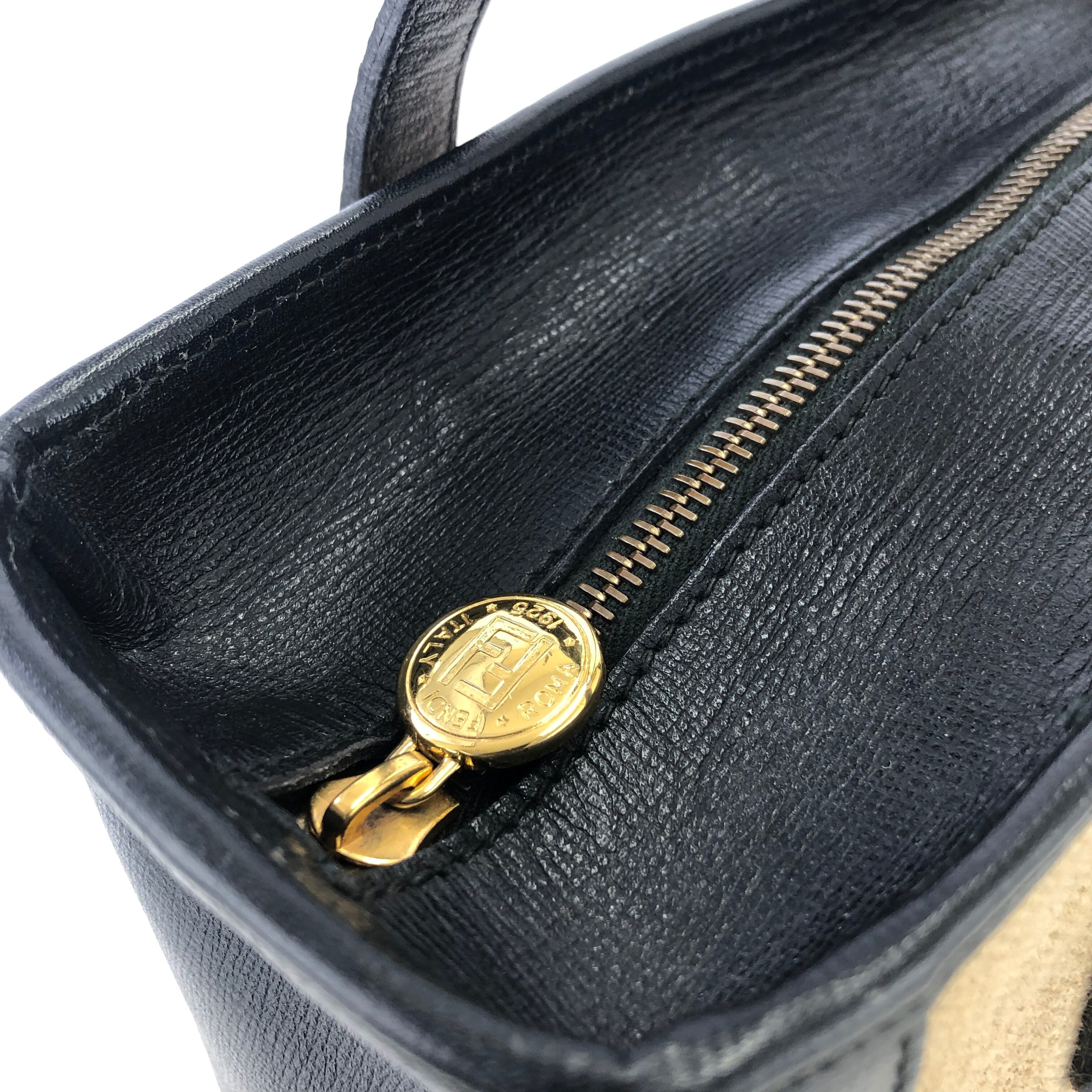 Fendi FFロゴ ハンドバッグ ベージュ/ブラック キャンバス/レザー