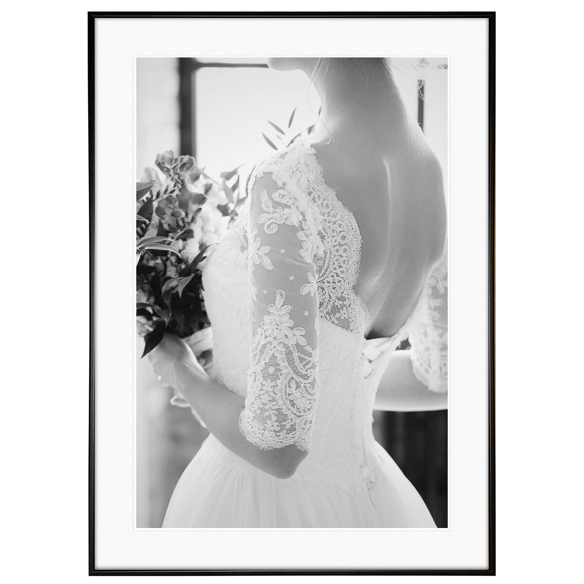 人物写真 ブーケを持つウェディングドレスの女性 インテリアアート モノクロポスター額装 AS3038