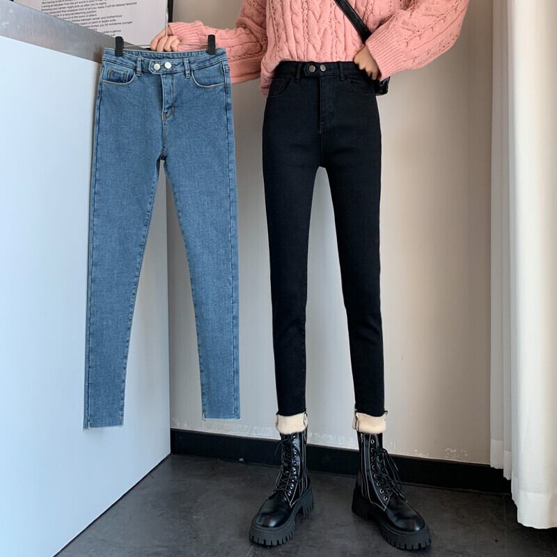 ジーンズレディース2020年秋冬新作ハイウエストスリムスリミングプラスベルベット厚みストレートストレッチフットパンツトレンド クレセントシティ3499684695