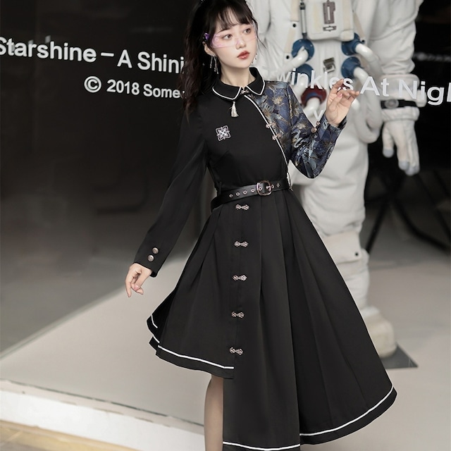 国内即納 With U ゴスロリ系 ゴシック ロリィタ ワンピース 長袖 花柄 チャイナ服 漢服 アシンメトリー プリーツ ミドル丈 ハイウエスト タッセル 病み可愛い