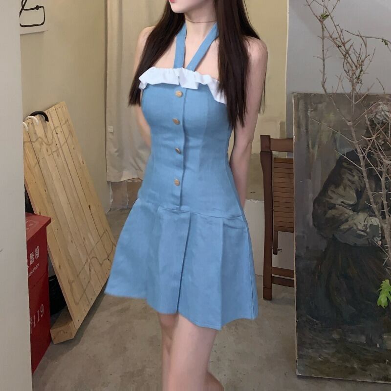 ブルースカート ホルタードレス スリムサマープリーツ 大人ガーリー スウィート キュート カジュアル 夏物 萌量不足15242581955