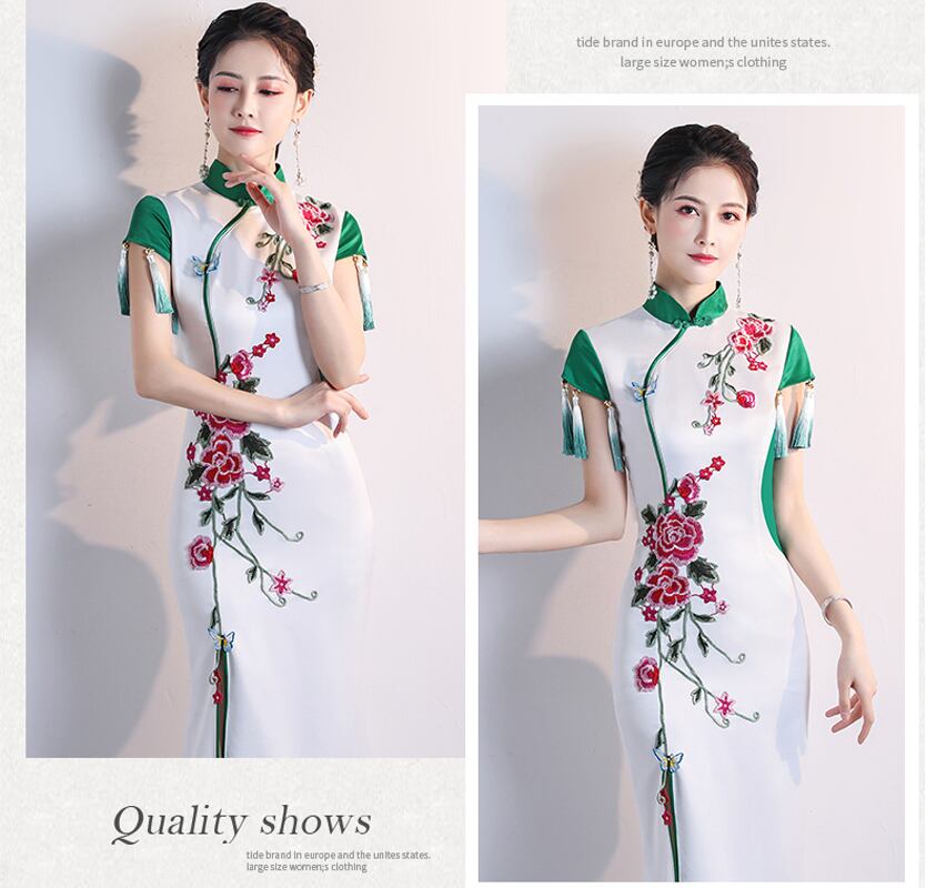 ロングチャイナドレス 改良型チャイナドレス パーティードレス チャイナ風ワンピース チャイナ風服 中華服 二次会 女子会 同窓会 スタンドネック 半袖 大きいサイズ S M L Ll 3l 4l 5l フリンジ ホワイト グリーン 刺繍入り Elegant