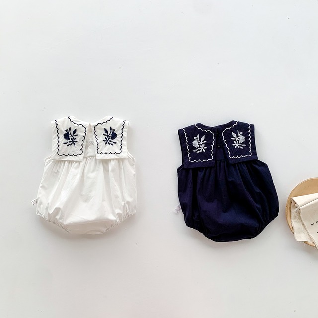 【BABY】フラワー刺繍セーラーカラーノースリーブロンパース - 12