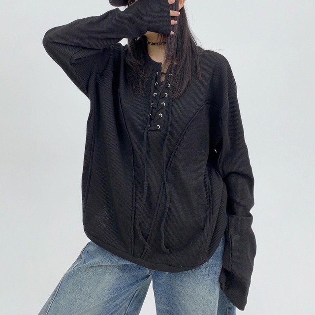 Lace up seam line tops 2 colors　V3140