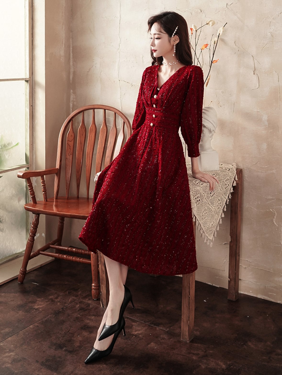 ドレス Aラインドレス ミモレ丈 ワイン赤 パーティードレス 成人式