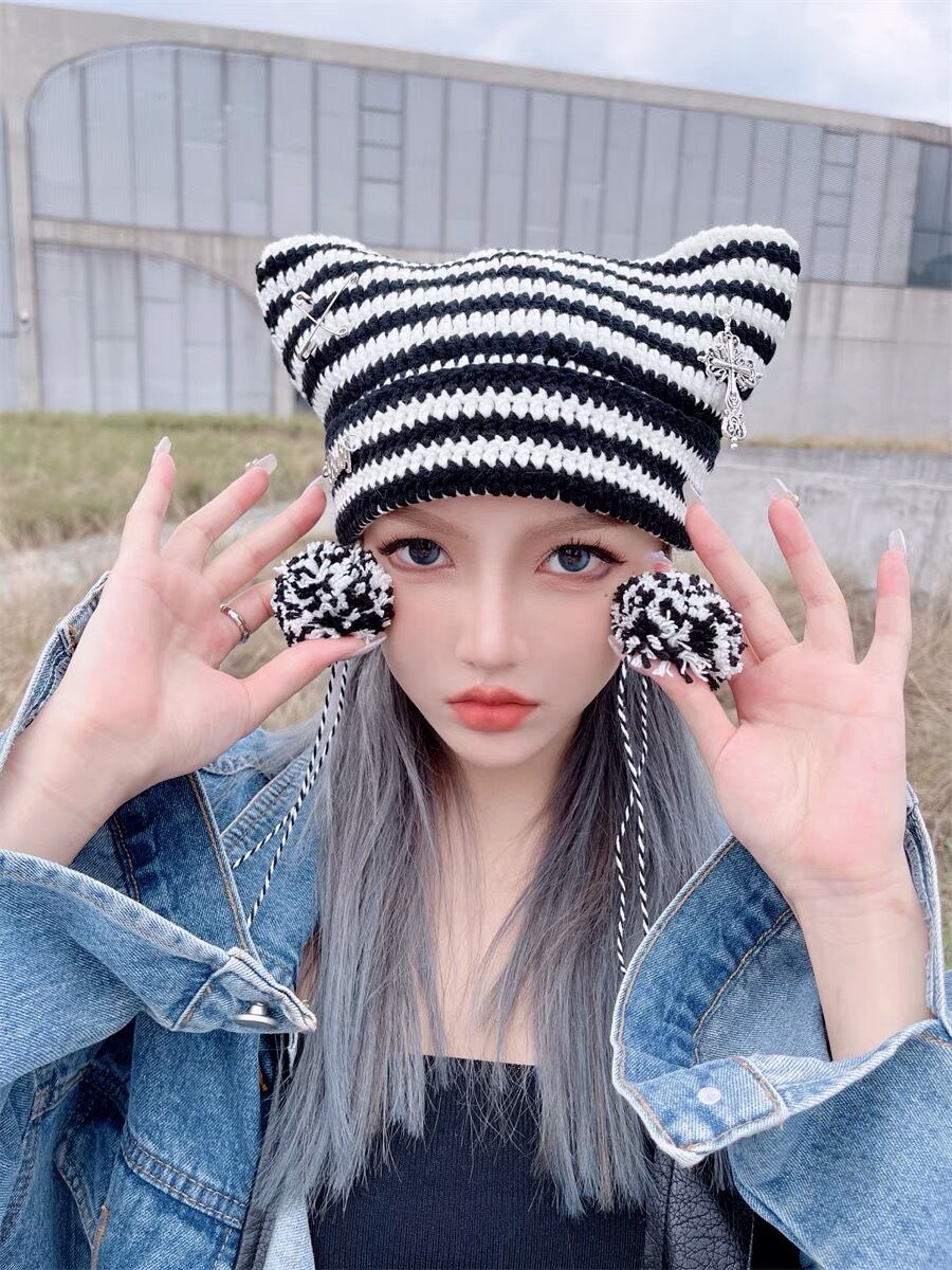 【美品希少】usatoうさとの服 帽子 グレー 草木染め ナチュラル 帽子 うさみみ うさぎ 猫耳 グレー ピンク ビジュー ベレー帽