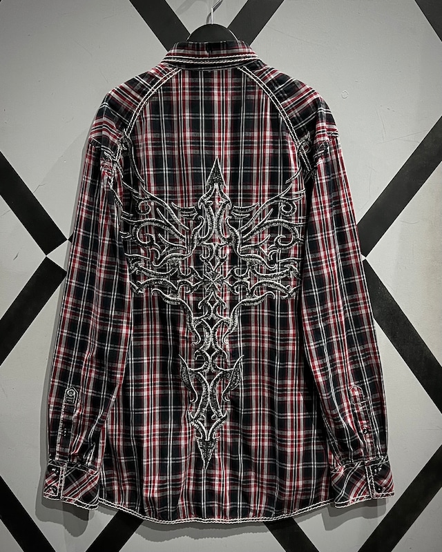 【X VINTAGE】 “Roar” Tribal Embroidery Loose Check Shirt