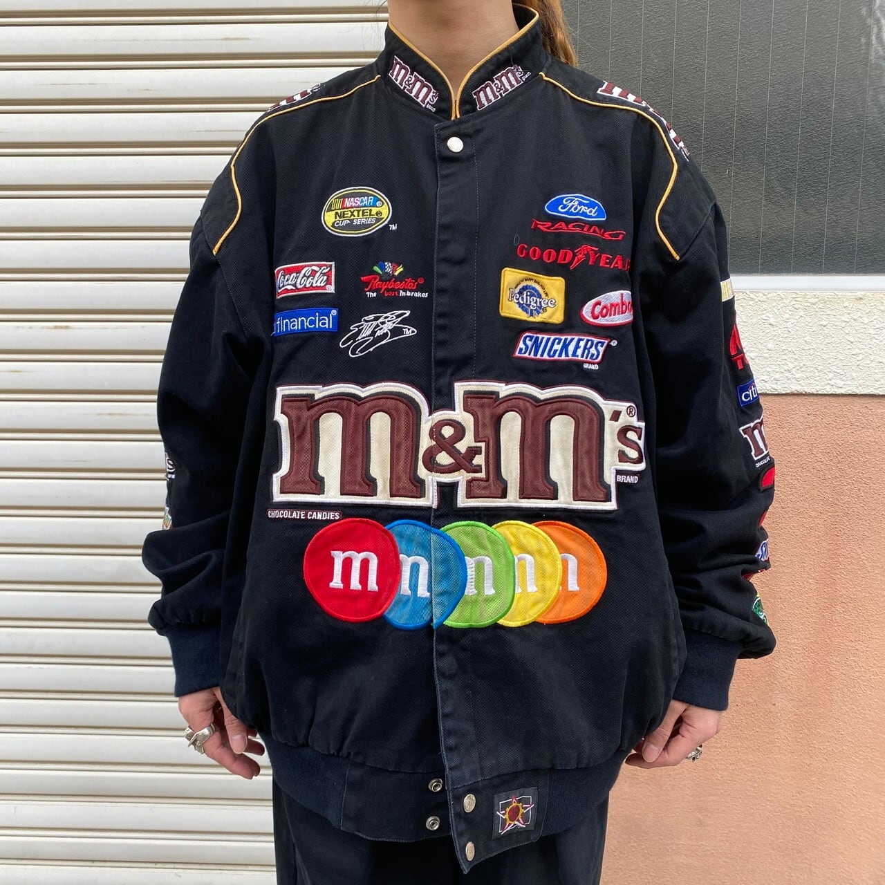 ビッグサイズ JH DESIGN ジェフハミルトン m&m's 企業ロゴ 刺繍 レーシングジャケット ブラック 黒  大きいサイズ【レーシングジャケット】 | cave 古着屋【公式】古着通販サイト