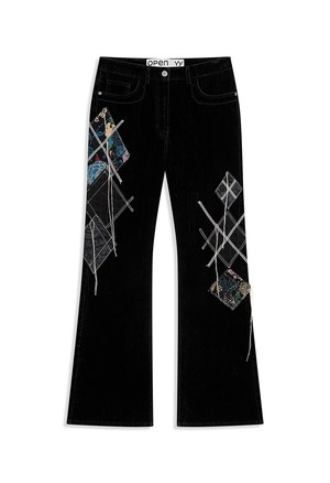 [OPEN YY] ARGYLE PATCHED BOOTSCUT PANTS, BLACK 正規品 韓国ブランド 韓国通販 韓国代行 韓国ファッション オープン ワイワイ 日本 店舗