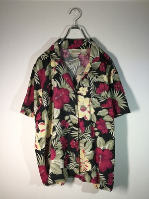 総柄 オープンカラーアロハシャツ ハイビスカス柄 ボタン逆