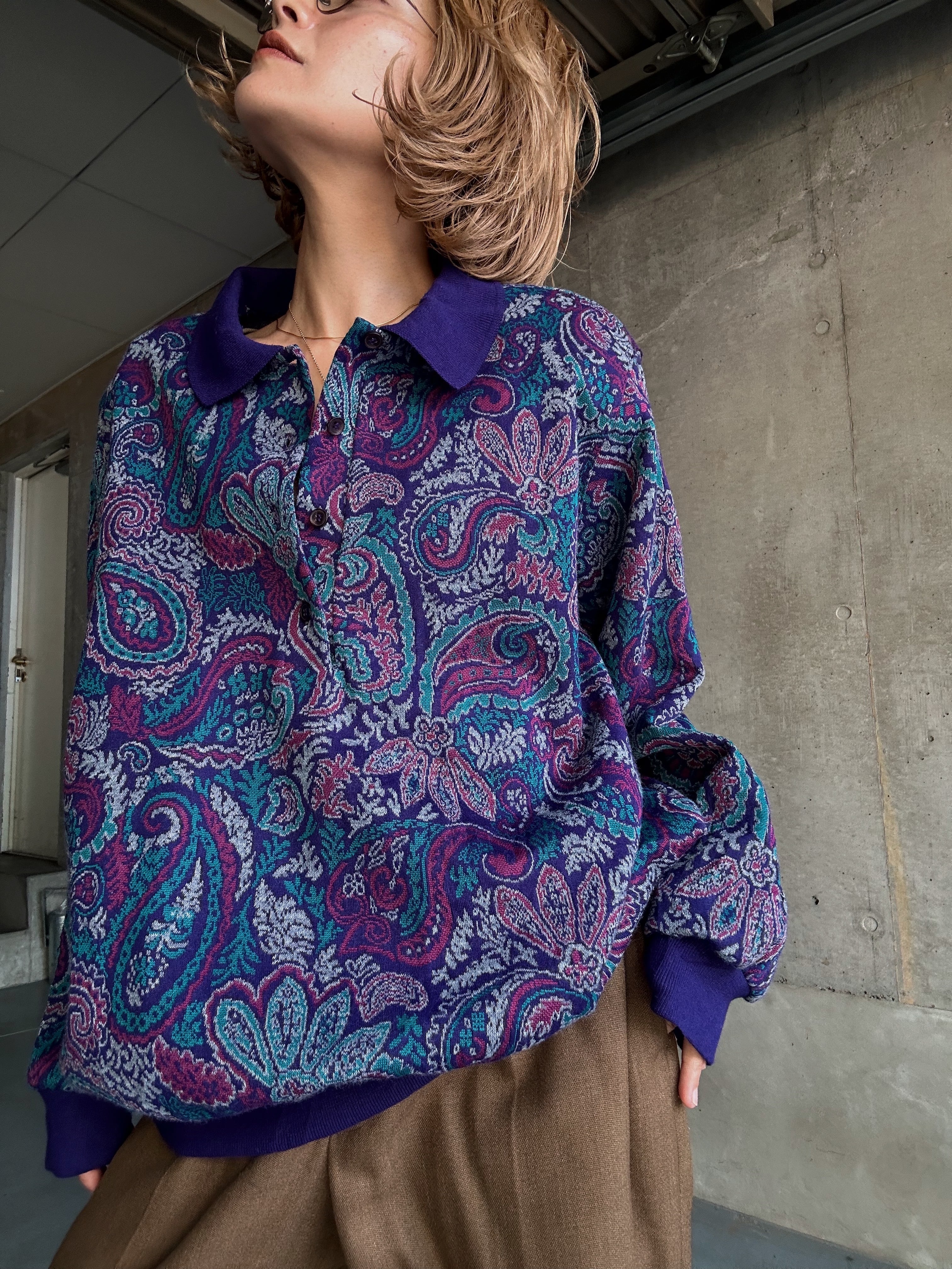 (CS1800) paisley pattern half button polo knit made in USA