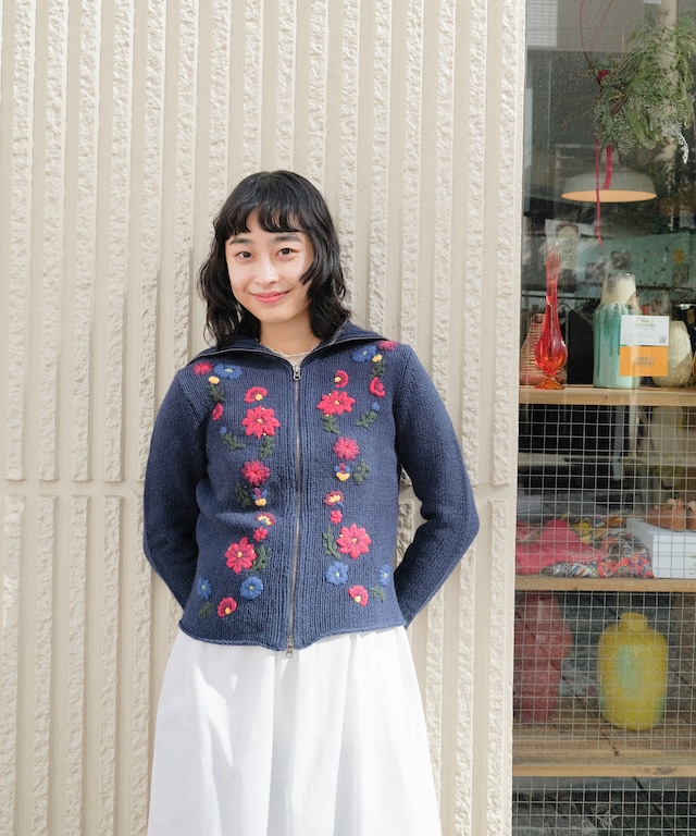 【送料無料】Flower navy cardigan