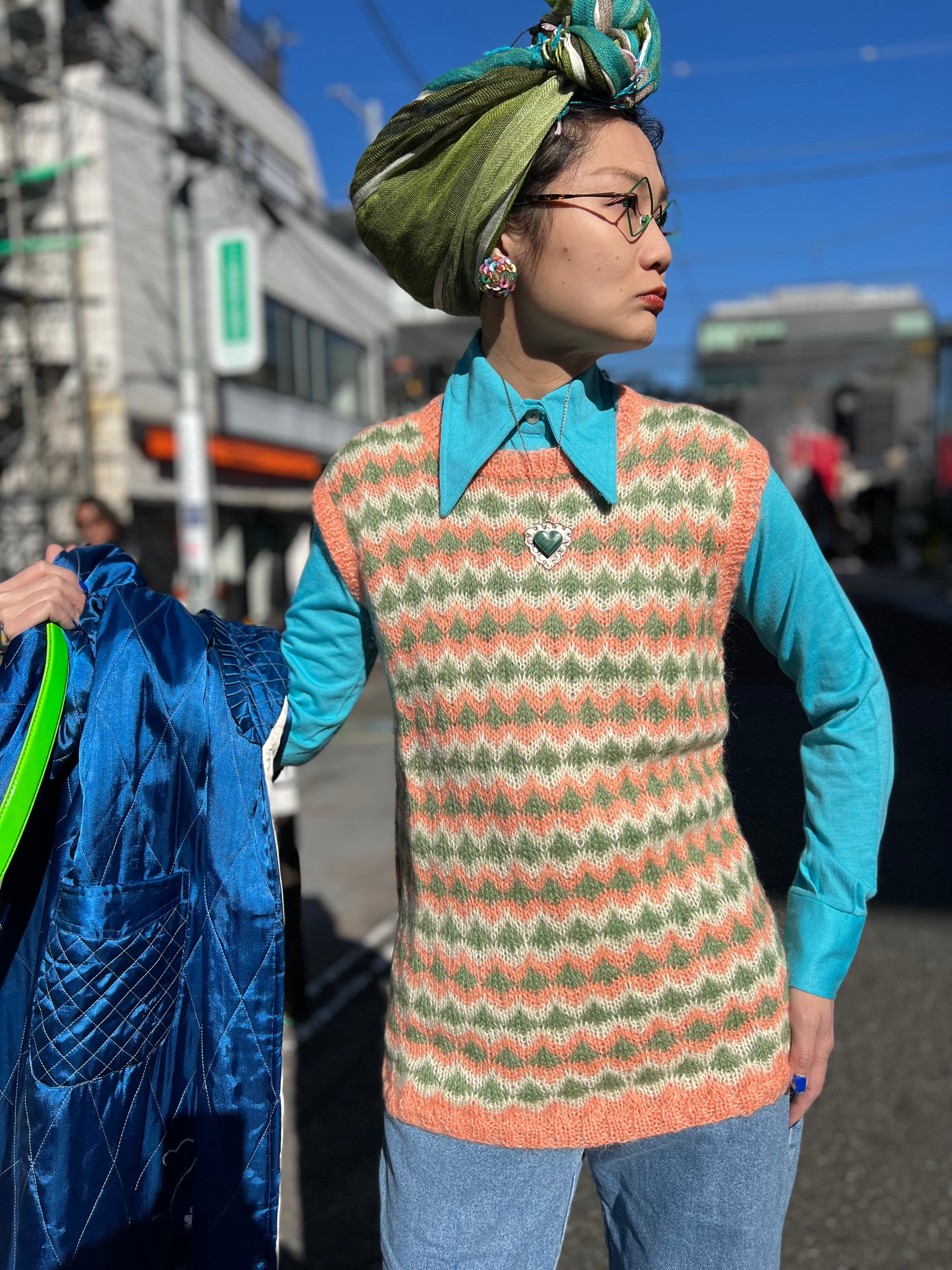 Vintage handmade orange × white × green mohair knit vest ( ヴィンテージ オレンジ × ホワイト × グリーン ニット ベスト )