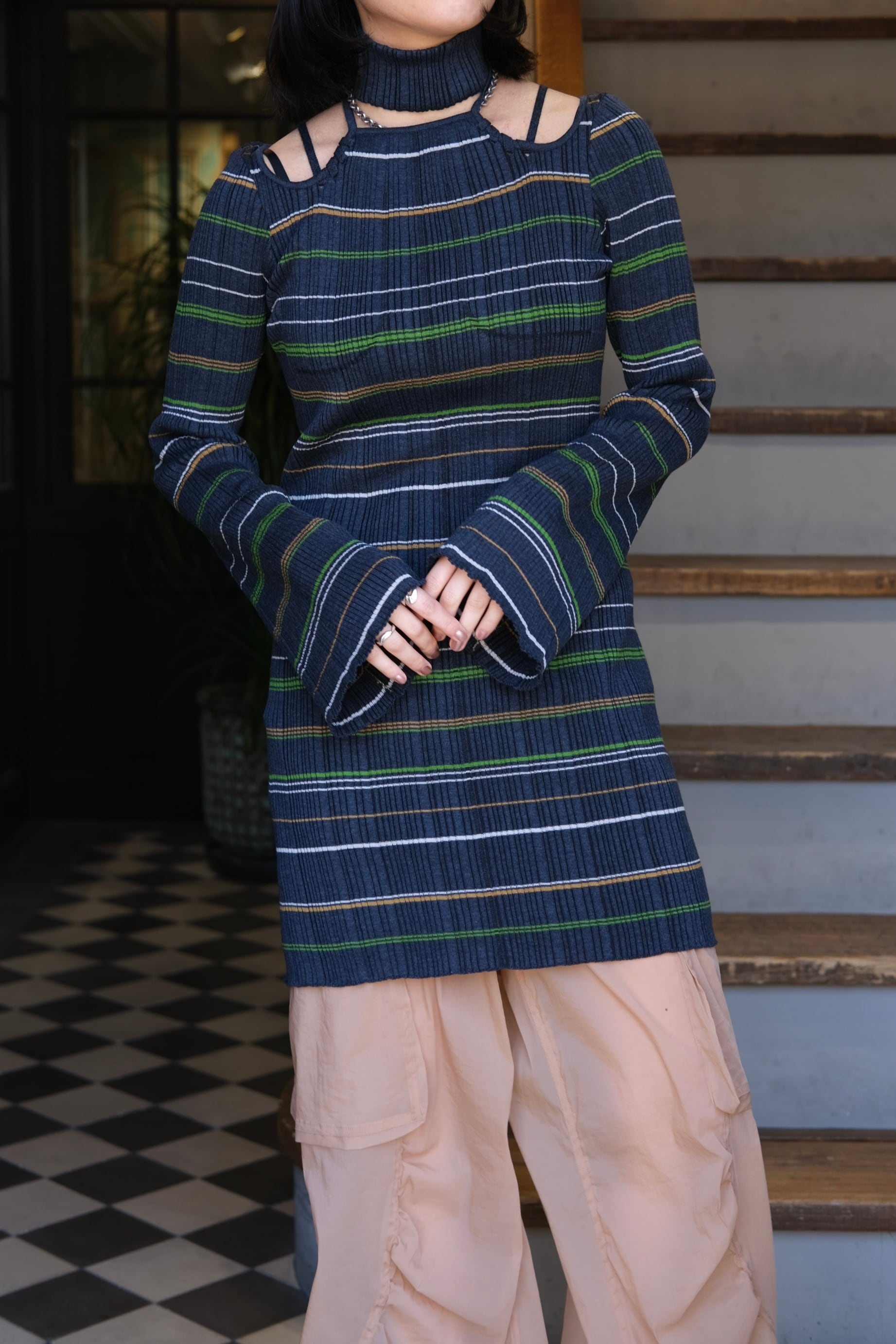 トップス Mame Random Ribbed Plaid Knitted Top Mame Kurogouchi】Random Ribbed Plaid Knitted Top | loop