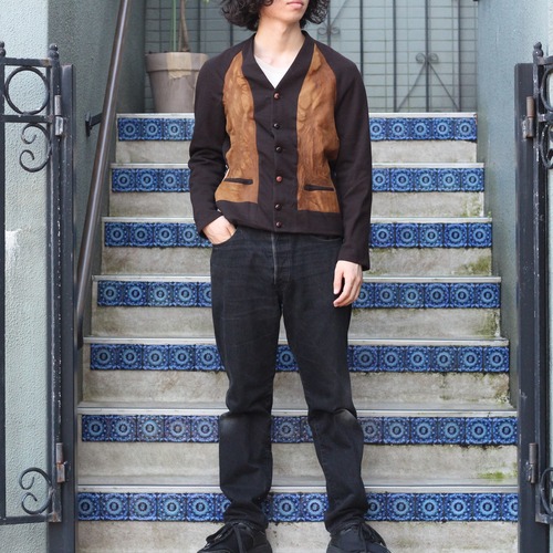 70's USA VINTAGE DINO LEATHER KNIT CARDIGAN/70年代アメリカ古着レザーニットカーディガン