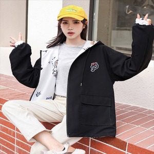 【送料無料】 リバーシブル パーカー フード付き カジュアル系 長袖 ポケット ジャケット プリント 大人可愛い こなれ感 フェミニン 体系カバー 10代 20代 レディースファッション 可愛い お出かけ 女子会 デイリーユース お茶会 お呼ばれ 韓国