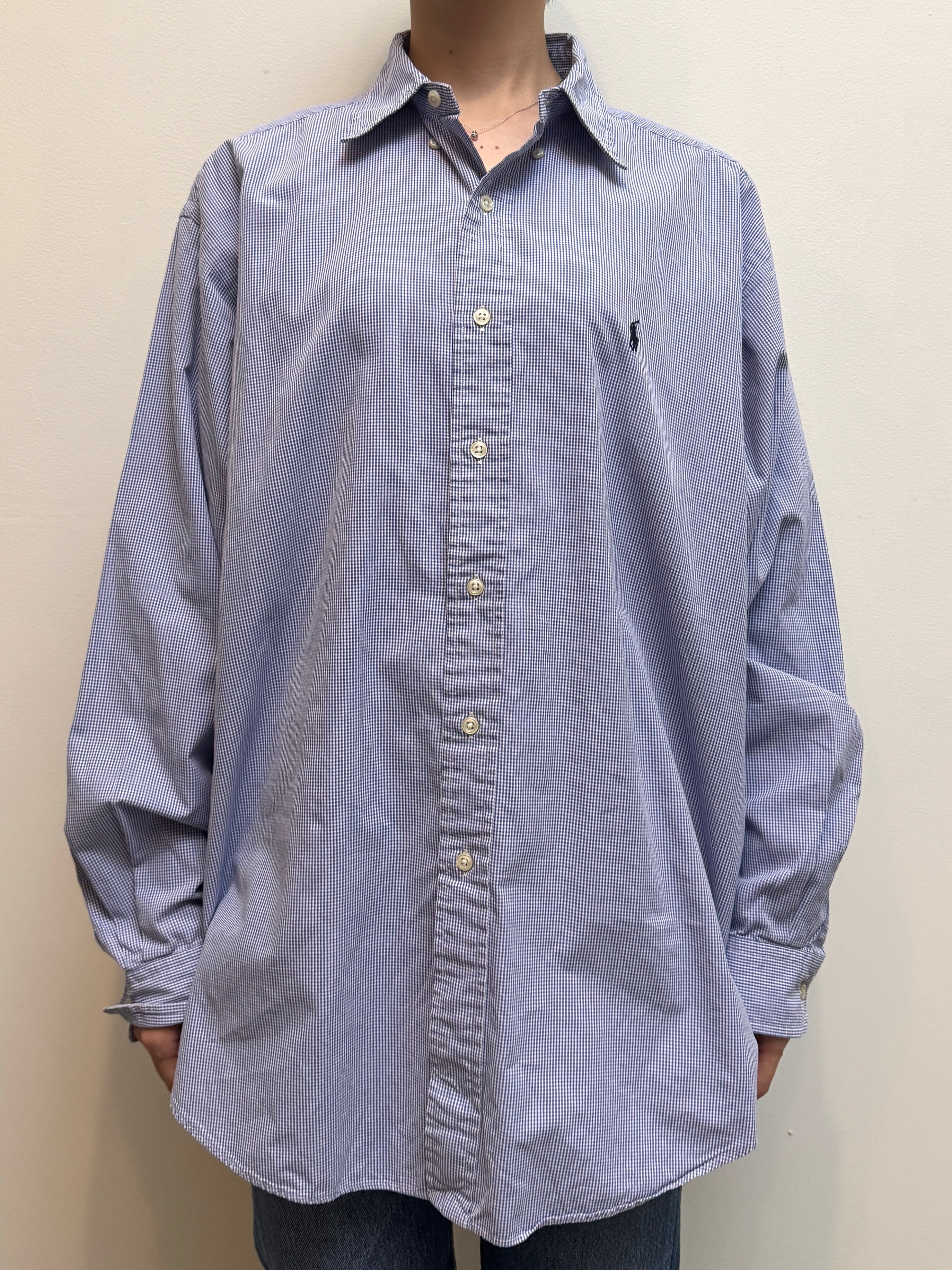 BL18-22 USED Ralph Lauren CHECK SHIRT "L" -BLUE-