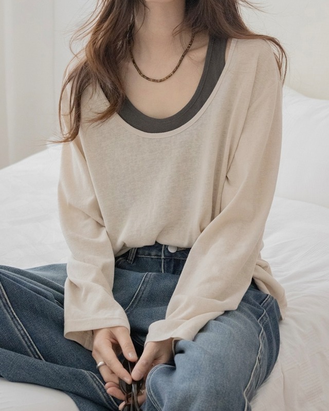 Uneck layered long sleeve Shirt set　T20052