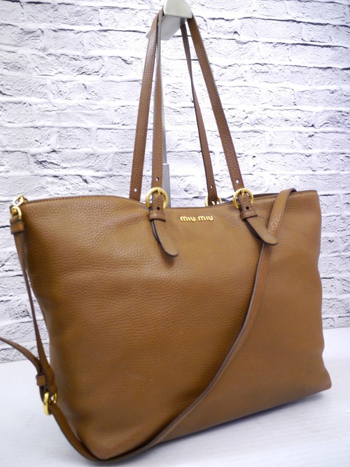 ◆miu miu ミュウミュウ VITELLO SHOPPING A4対応 2way レザー ショッパー トート バッグ 茶◆ クラシックな雰囲気が可愛らしい人気モデル