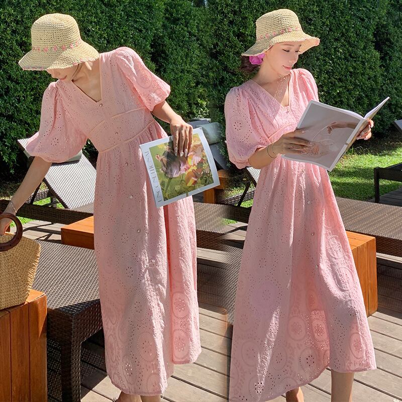 【dress】カットワークVネックワンピース M33140