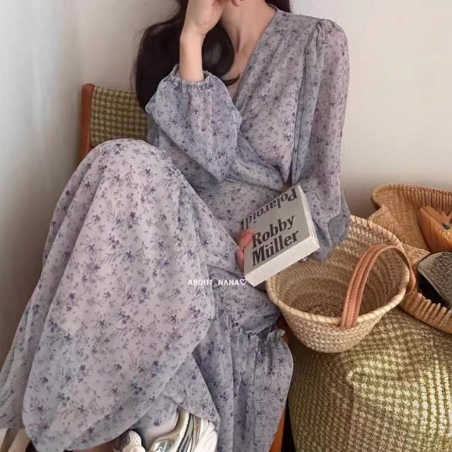 【ワンピース】 ワンピース レディース おしゃれ きれいめ 可愛い 春 秋 冬 ワンピース 20代 30代 40代 膝下 ロング ワンピース 秋冬  ワンピースドレス 韓国 ワンピース ドレス ワンピース 花柄 パープル 紫