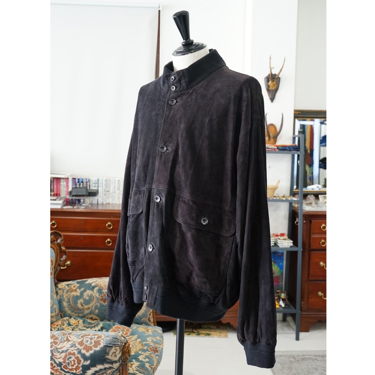 Vera Pelle イタリア製 ネイビー スエード レザーブルゾン ボタンジャケット(表記58・実寸XL〜2XL相当)|NA425