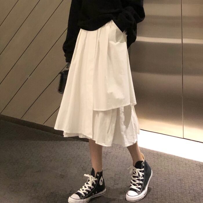 ハーフレングススカートレディース2020年夏新しいレトロ伸縮性ハイウエストイレギュラー無地ミッドレングスAラインスカートトレンド 1号婦人65823713792