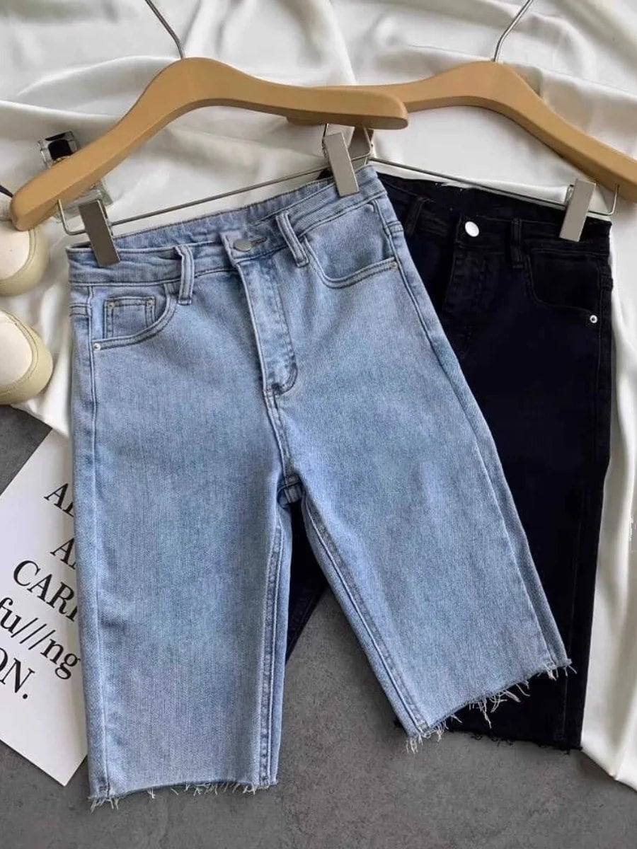 ハイウエストデニムショートパンツ レディース 夏 2024 新作 伸縮性 タイト ライディング ホールパンチング ファイブポイントパンツ ディープライトカラー ジーンズ