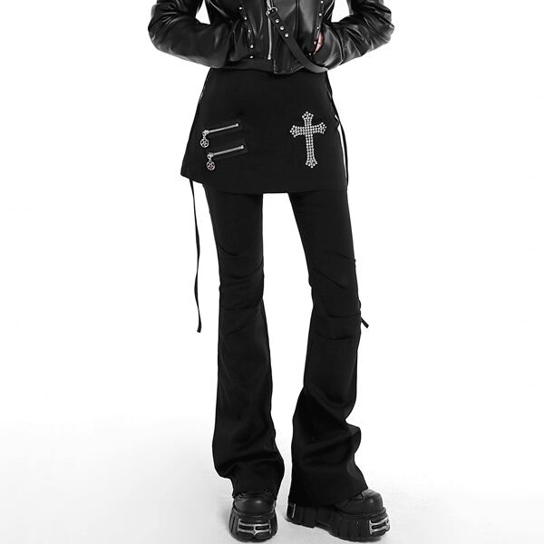 ストレッチ フェイクレイヤード ジップダークフレアパンツ(ruf_02720)