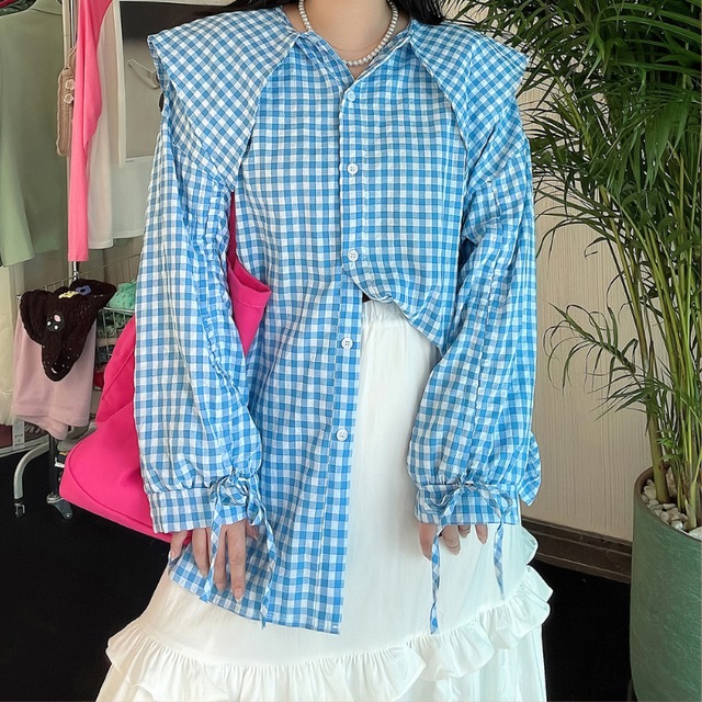 doll collar ribbon sleeve check shirt  e730