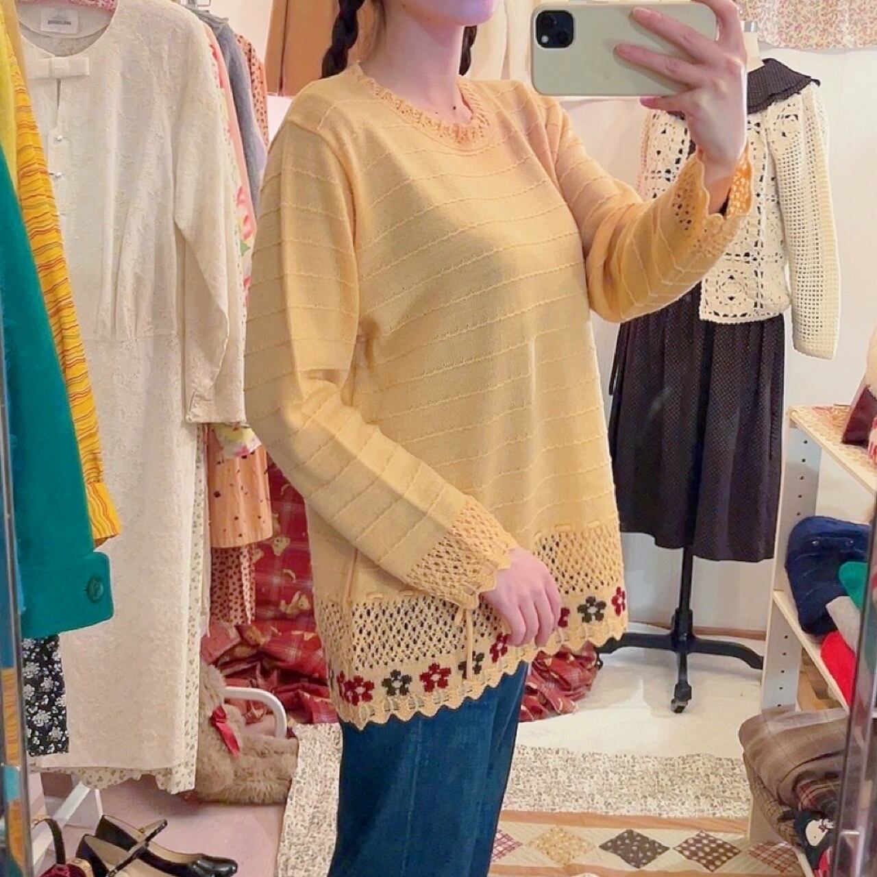 orange flower ribbon openwork knit sweater