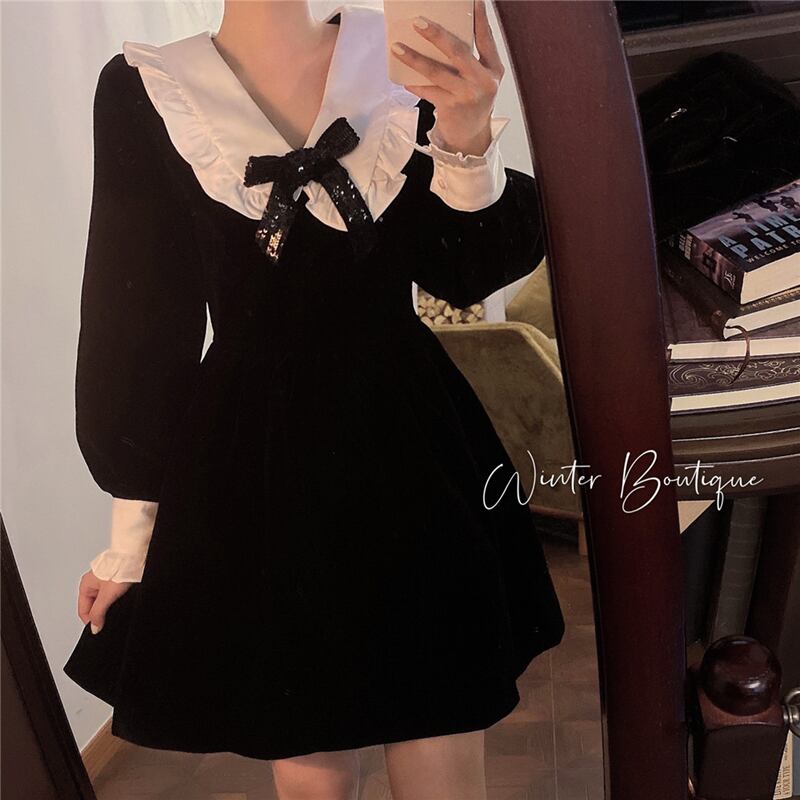 カラードレス オータムウィンターリボンスリーブ長袖スカート ウェストAライン ロング 秋物 冬物 ブラックストロベリース22824644643