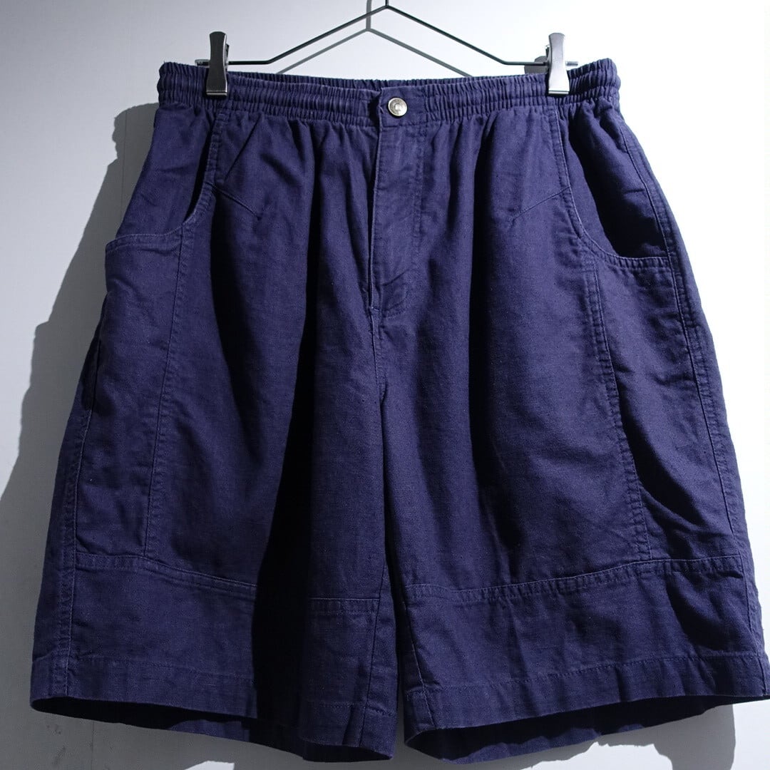 "CITY STREETS" Navy Stitchwork Design Wide Linen & Cotton Shorts