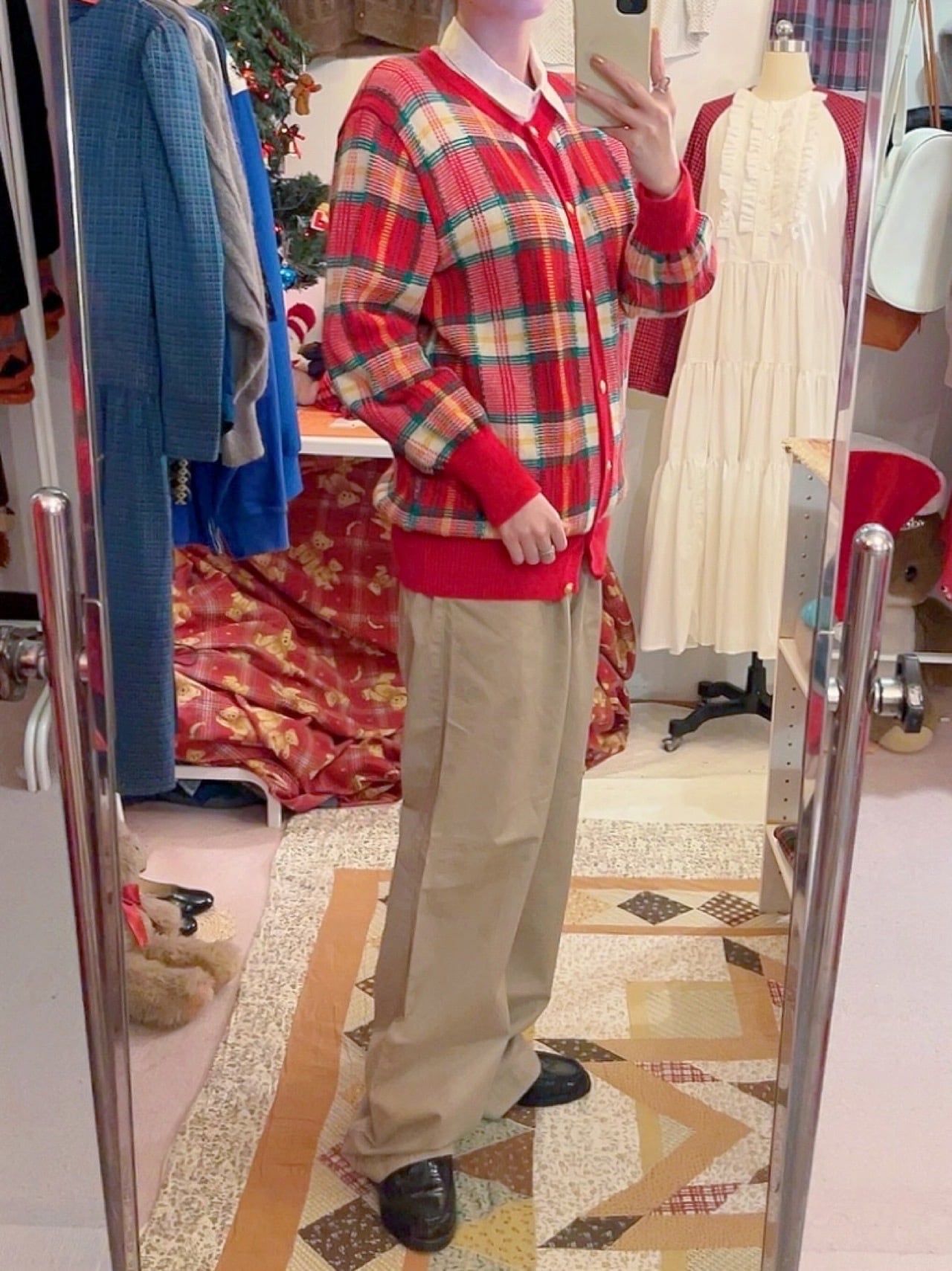 red green check knit cardigan